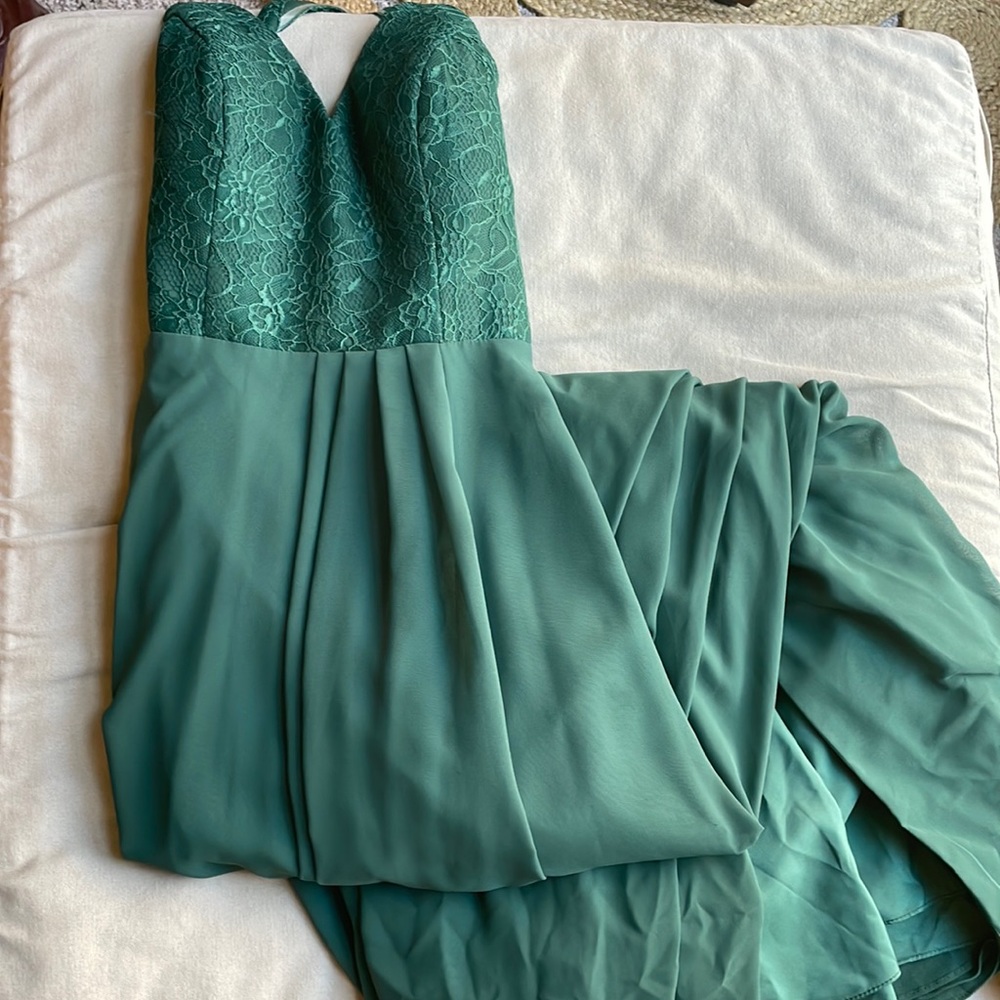 Azazie Teal Lace Bodice Chiffon Maxi Dress